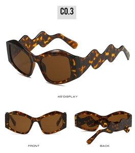 Detailed views of tortoise shell sunglasses with unique wavy arms and brown lenses