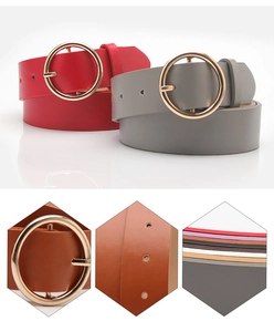 Detail showing various colors of women's PU leather belts with round golden buckles