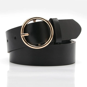 Classic black leather belt with a round gold buckle for women, stylish jeans accessory