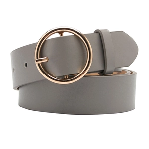 Classic grey leather belt with elegant round gold buckle for women's casual jeans