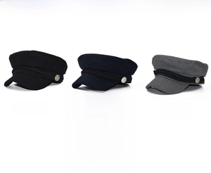 Color options of military beret hats in black, navy, gray, and wine red with buttons