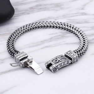 Men's punk double row chain bracelet with antique metal finish and patterned buckle
