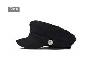 Detail of black wool military cap with silver anchor button and braided rope cord