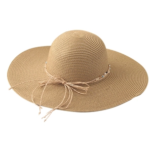 Women wide brim straw sun hat with beaded bow decoration for summer beach vacations