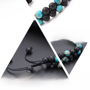 Detail of adjustable double-layer lava rock and turquoise beaded bracelet for men and women
