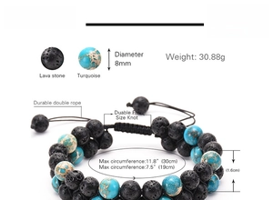 Detail of double-layer woven bracelet with 8mm lava stones and turquoise beads