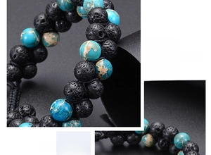 Detail view of woven double-layer lava stone and turquoise beaded bracelet set