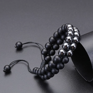 Double-layer beaded bracelet set featuring matte black natural stone and hematite beads