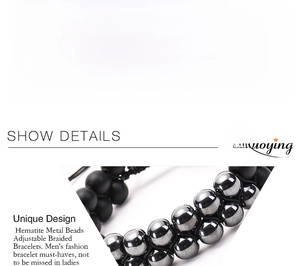 Detail of adjustable double-layer beaded bracelet with 8mm matte stone and hematite beads