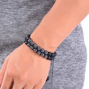 Double-layered men's beaded bracelet with matte black stones and silver hematite beads