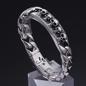 Fashionable men's vintage 316L stainless steel skull bracelet with thick curb chain links