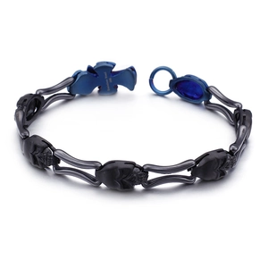 Men's 316L stainless steel punk bracelet with black skull and blue cross links