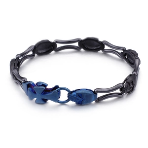 Punk skull cross bracelet in matte black and blue stainless steel for men