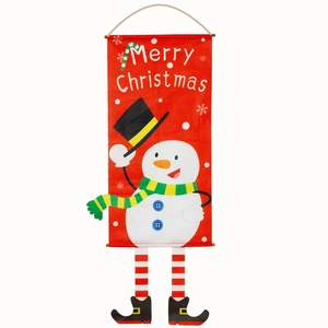 Vertical red Christmas banner with snowman print and Merry Christmas text for wall decor