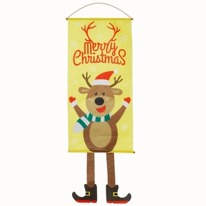 Festive Merry Christmas hanging banner with reindeer design on yellow fabric background