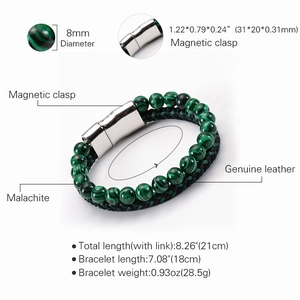 Detailed size guide of leather bracelet with malachite beads and magnetic clasp