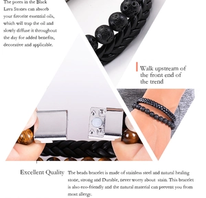 Detail of lava rock, tiger eye beads and braided leather layers with magnetic clasp