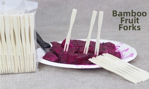Disposable bamboo fruit forks with two-tooth design for appetizers and desserts