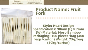 Macro shot of bamboo heart fruit forks with 90mm length and eco-friendly natural wood texture