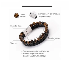Detail of 8mm tiger eye beads and black braided leather strap with magnetic clasp