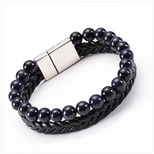 Detail of blue sandstone beads and black braided leather with silver magnetic clasp