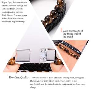 Detail of tiger eye stone and braided leather bracelet with magnetic metal clasp for men