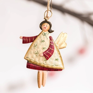 Vintage metal Christmas angel ornament with red stripes and wings on a hanging twine rope