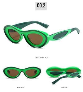Multiple angles of bright green retro oval sunglasses with brown lenses and sleek temples