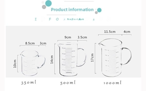 Size chart for 350ml, 500ml, and 1000ml heat-resistant borosilicate glass measuring cups