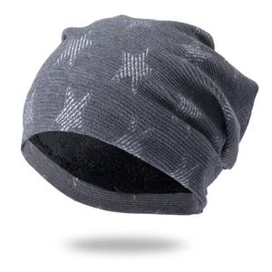 Winter dark grey knit beanie with star pattern and thick warm fleece lining for adults