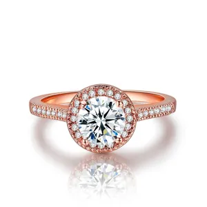 Classic rose gold halo engagement ring with round AAA zircon and pavé diamond band
