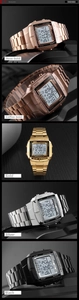 Detail view of SKMEI digital watch series in five colors with polished metal bands