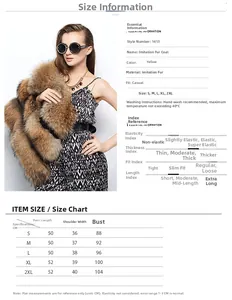 Size chart and fabric care details for the yellow faux raccoon fur fashion vest