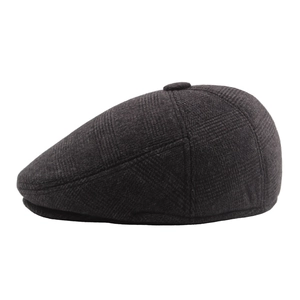 Classic patterned winter newsboy flat cap for elderly men with warm woolen fabric texture