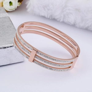 Elegant rose gold three-layer open bangle with sparkling pavé crystals for women