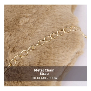 Macro detail of plush faux fur texture and elegant golden chain strap on shoulder bag