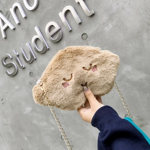 Cute khaki cloud-shaped plush crossbody bag with embroidery and gold chain strap