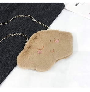 Close-up of soft brown plush cloud bag with cute embroidery and golden chain strap