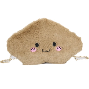 Cute cloud-shaped plush shoulder bag in camel with embroidered face and gold chain
