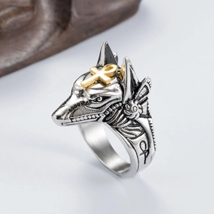 Bague Anubis en acier inoxydable avec symbole Ankh doré style punk vintage