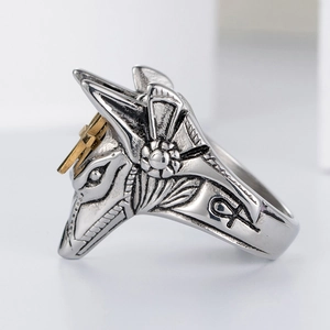 Bague Anubis vintage en acier inoxydable avec croix dorée et symboles Ankh