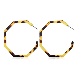 Macro detail of large octagonal acrylic earrings with stylish tortoise shell pattern