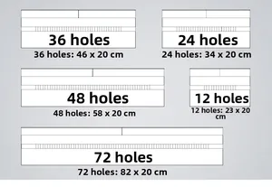Size chart for printed canvas pencil wraps showing dimensions for 12 to 72 holes