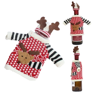 Knitted Christmas wine bottle covers with reindeer sweater and elk horn mini hat