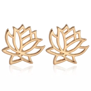 Detailed view of golden hollow lotus earrings with polished finish and elegant cutout