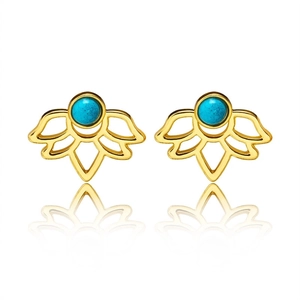 Golden hollow lotus earrings set with turquoise stones shown in a symmetric reflection