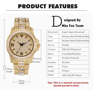 Detailed size specifications for a high-end waterproof gold diamond-encrusted men's watch