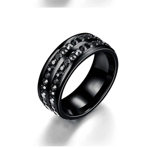 Close-up of black titanium steel ring featuring double-row black crystal stones inlay