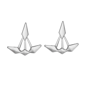Detailed view of silver geometric lotus earrings with fan-shaped jackets and stud design
