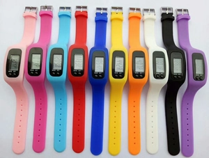 Detailed lineup of multi-functional silicone LED sports pedometer watches in ten vibrant colors